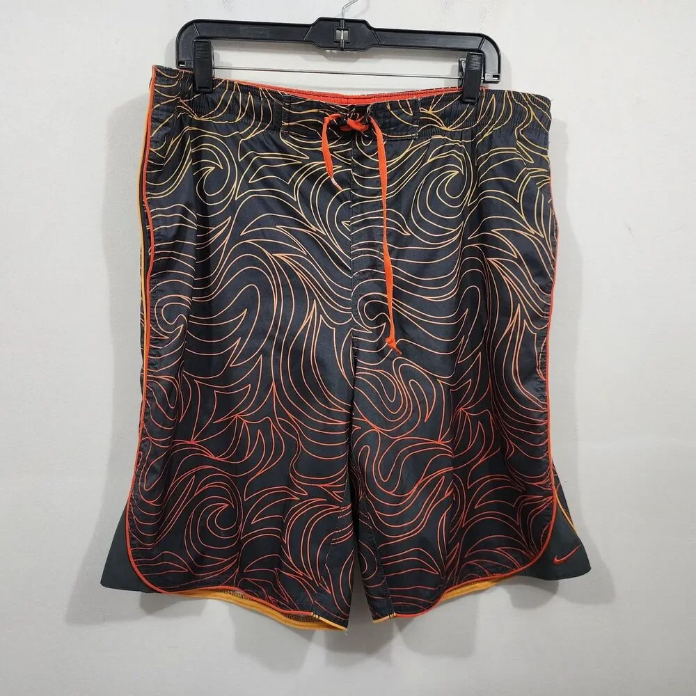Vintage NIKE Board Shorts Swim Trunks Mens XL Black Orange Flame AOP Drawstring
